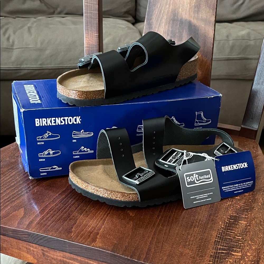 Birkenstock Milano BS Amalfi Black Leather Sandals Soft Footbed